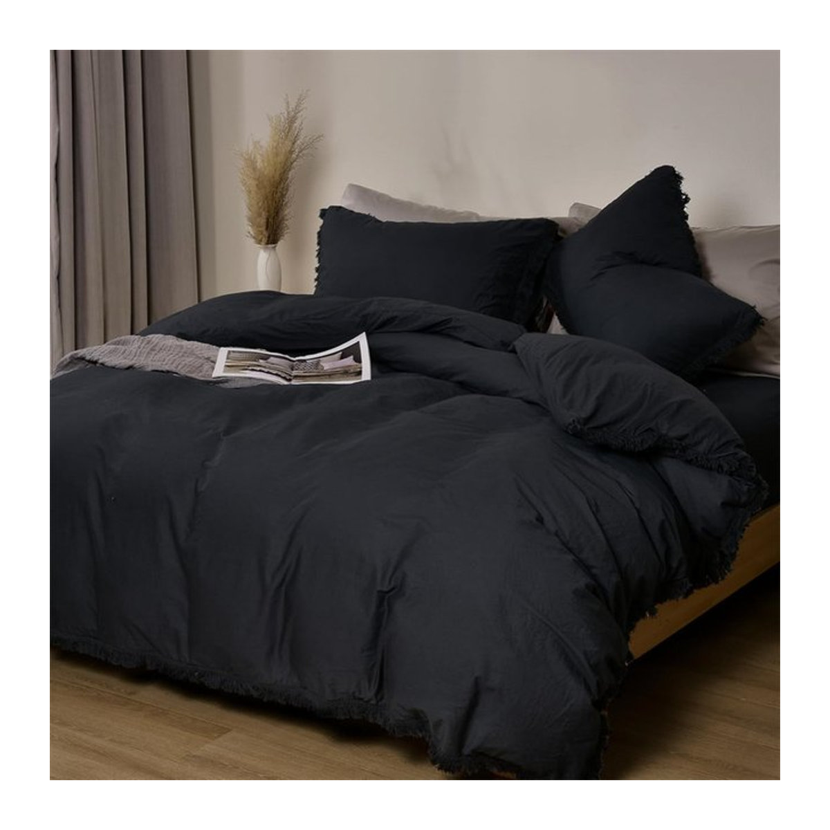 Dreamreal Bettwäsche aus 100 % gewaschener Baumwolle im japanischen minimalistischen Stil, einfarbig in Schwarz oder Braun Grün - Bild 1