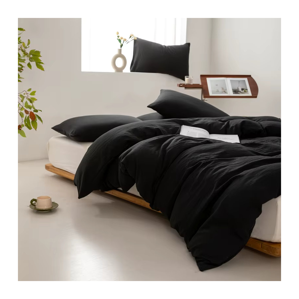 Dreamreal Bettwäsche aus 100 % gewaschener Baumwolle im japanischen minimalistischen Stil, einfarbig in Schwarz oder Braun Grün - Bild 4