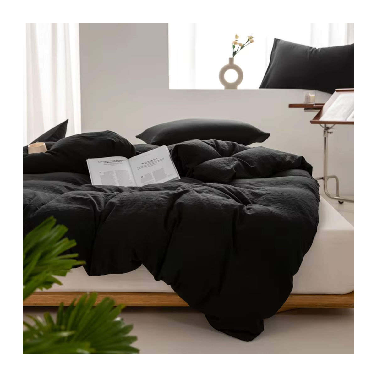 Dreamreal Bettwäsche aus 100 % gewaschener Baumwolle im japanischen minimalistischen Stil, einfarbig in Schwarz oder Braun Grün - Bild 5