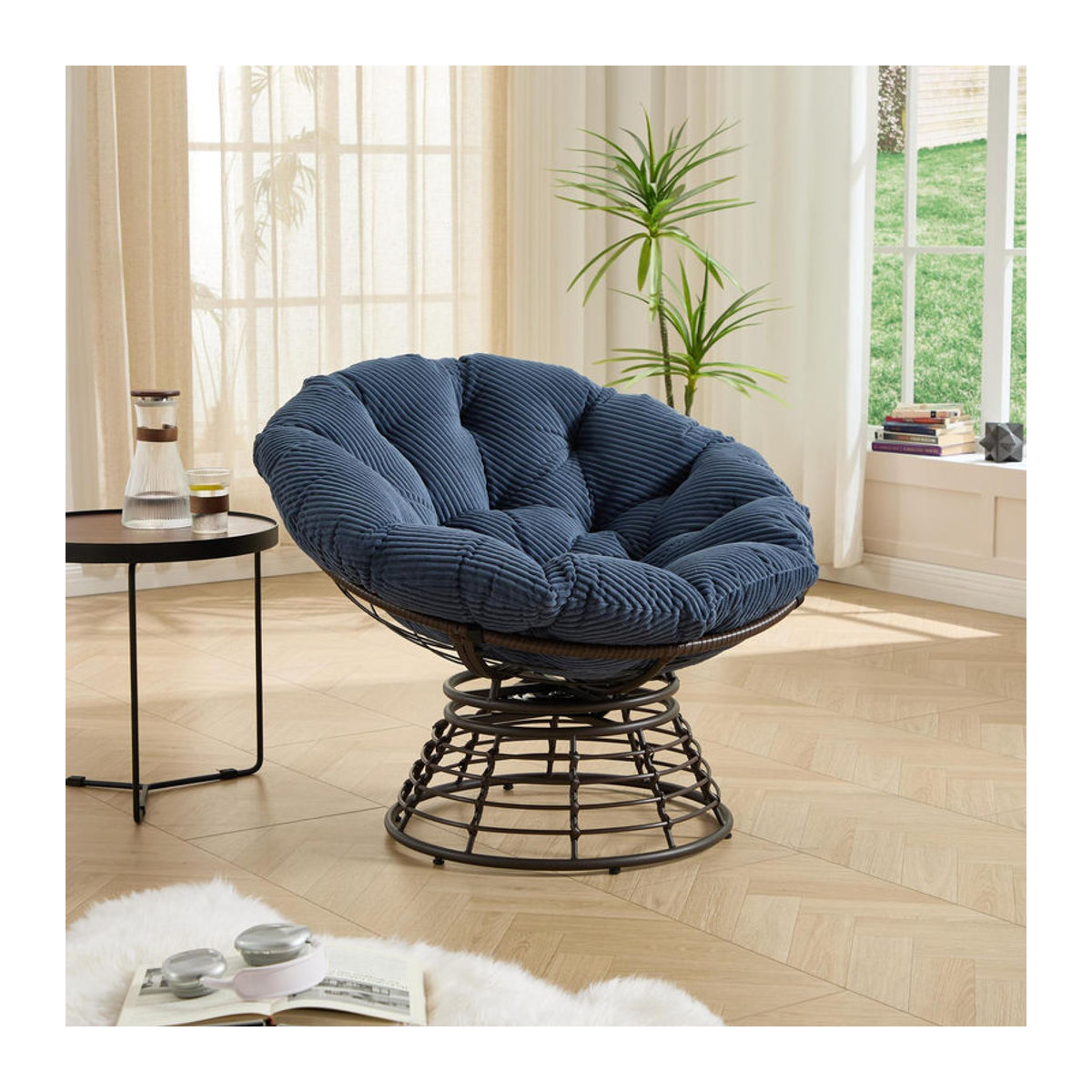 Drehbarer Papasan-Loungesessel mit dickem Cordstoff-Kissen und Stahlrahmen, Blau, B/T/H: 92 x 92 x 67 cm - Bild 2