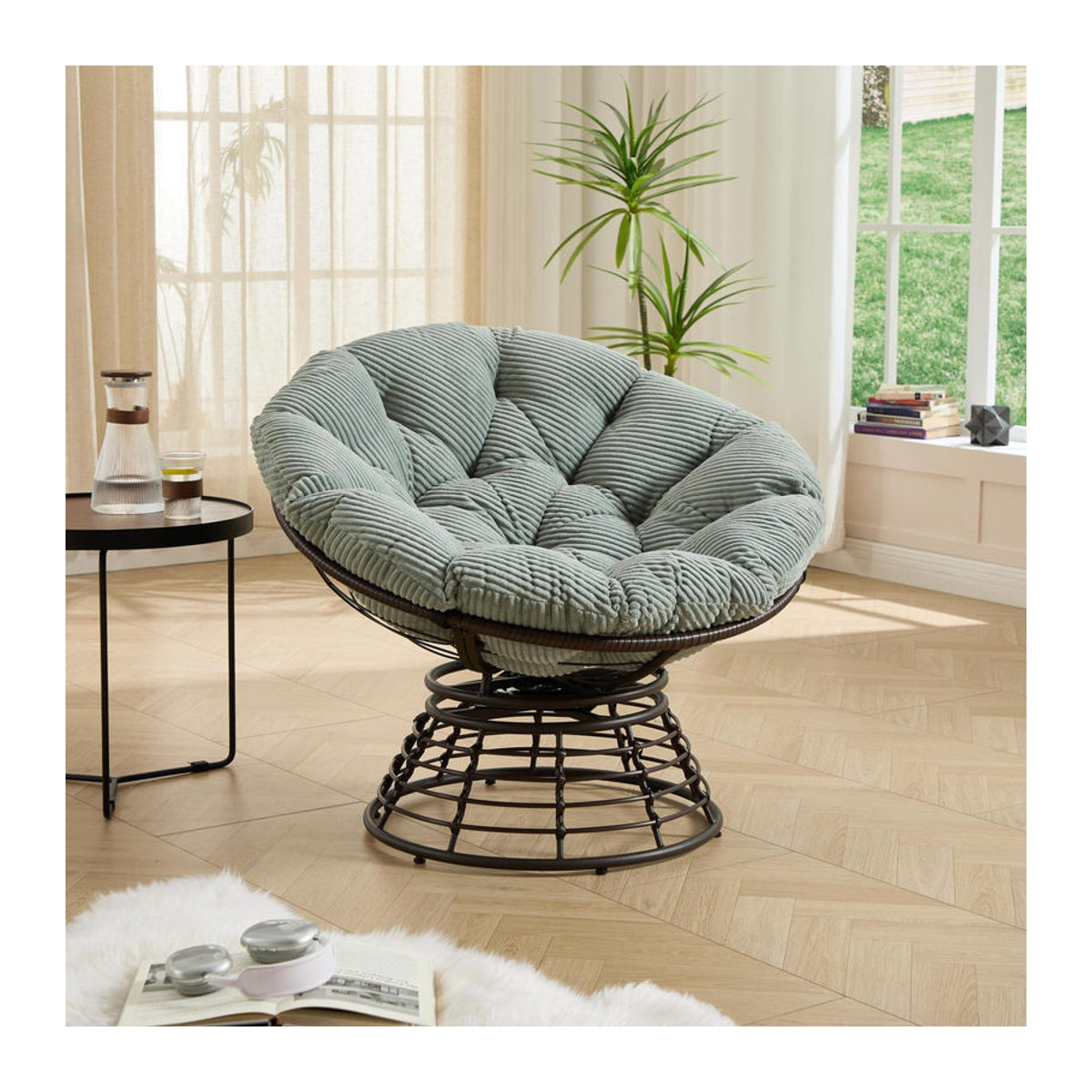Drehbarer Papasan-Loungesessel mit dickem Cordstoff-Kissen und Stahlrahmen in Grün, B/T/H: 92 x 92 x 67 cm - Bild 1
