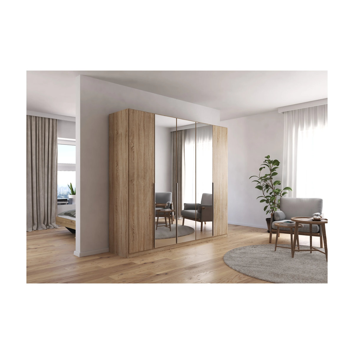 Drehtürenschrank Alabama mit Spiegel in Eiche Sonoma und rauch ORANGE, moderner Kleiderschrank aus MDF mit verstellbaren Regalböden, B/H: 226 x 210 cm - Bild 2