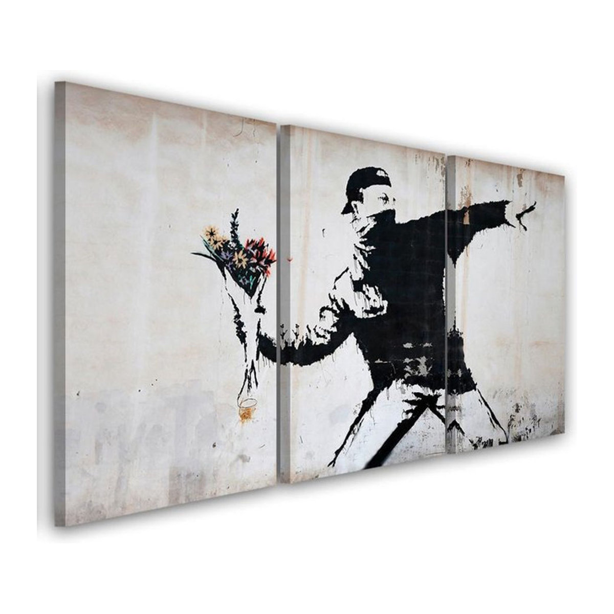 Dreiteiliger Leinwanddruck Feeby Banksy Graffiti Art Flowers in Grau und Mehrfarbig, B: 120 cm, H: 80 cm - Bild 1