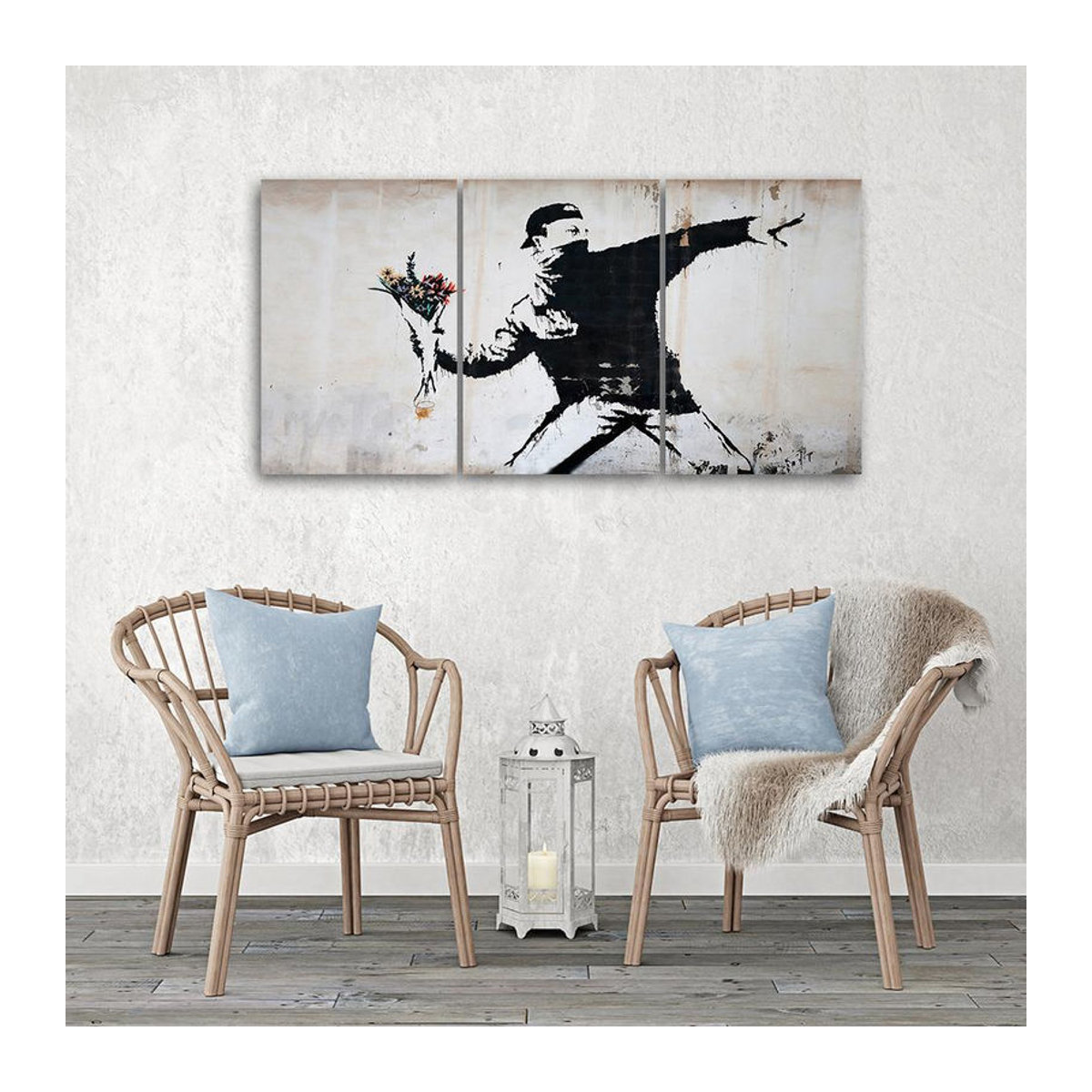 Dreiteiliger Leinwanddruck Feeby Banksy Graffiti Art Flowers in Grau und Mehrfarbig, B: 120 cm, H: 80 cm - Bild 3