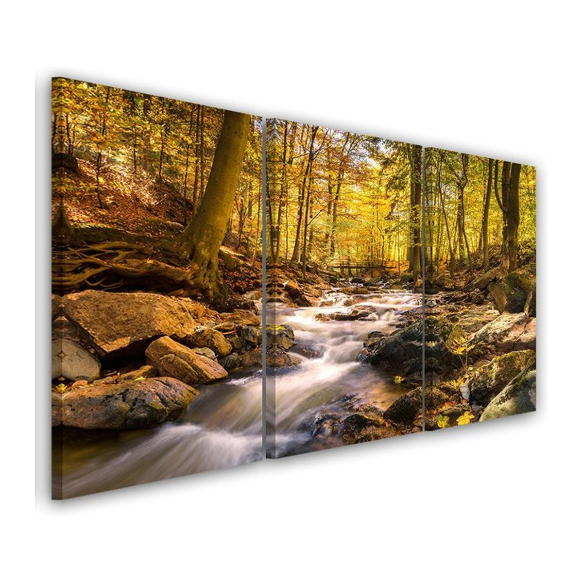 Dreiteiliger Leinwanddruck Feeby Herbstwald mit Gebirgsbach in Orange, B/H: 60 x 40 cm - Bild 1