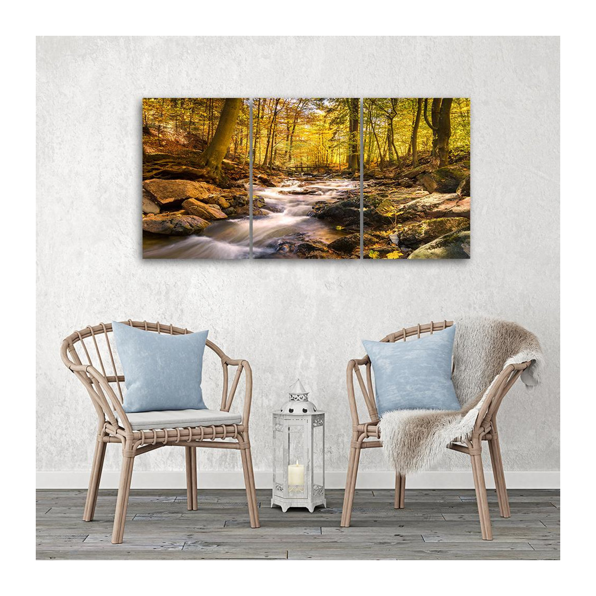 Dreiteiliger Leinwanddruck Feeby Herbstwald mit Gebirgsbach in Orange, B/H: 60 x 40 cm - Bild 2
