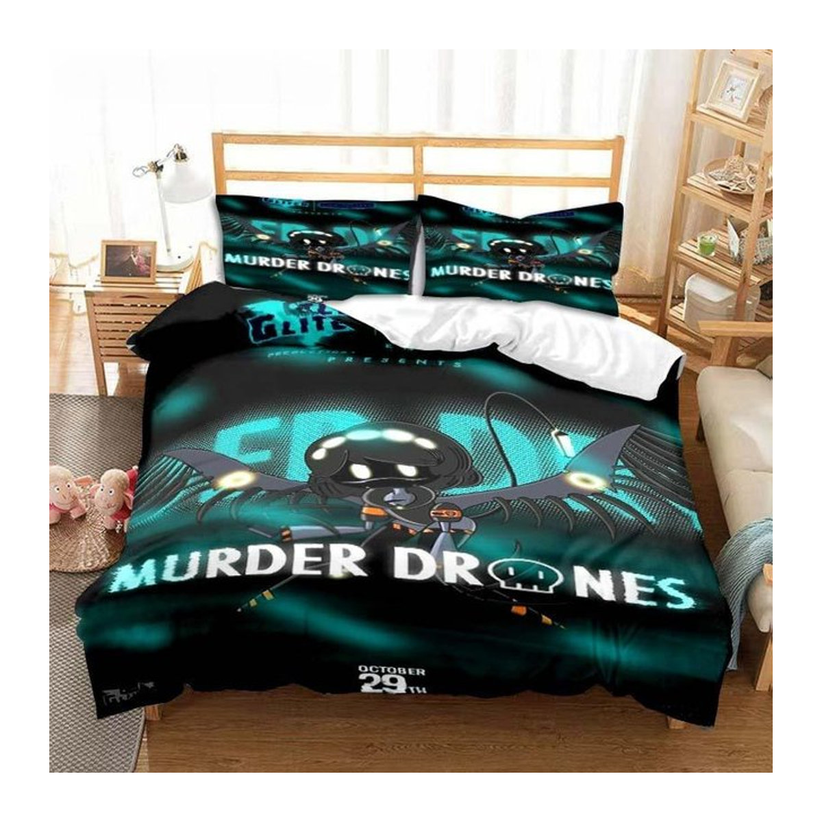 Dreiteiliges Anime Bettwäsche-Set mit Morddrohnen Motiv für das Kinderzimmer, bestehend aus Bettbezug und Kissenbezügen, Breite: 135 cm, Länge: 200 cm - Bild 1