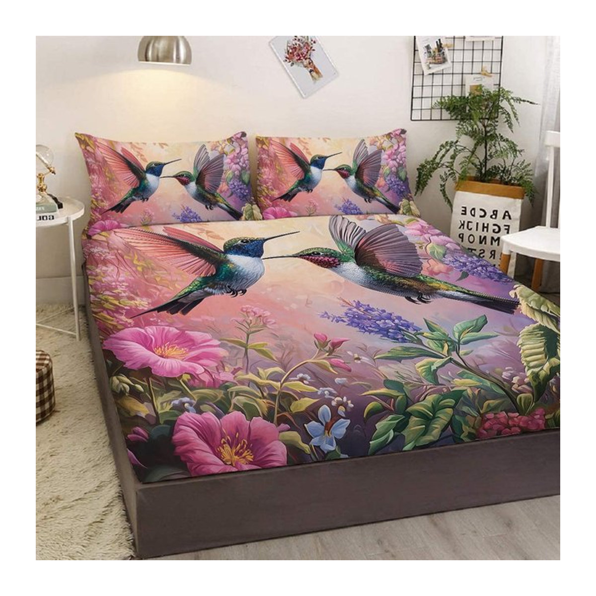 Dreiteiliges Bettset mit Kolibri-Motiv und zwei Kissenbezügen in Rosa, B/H: 137 x 190 cm - Bild 1