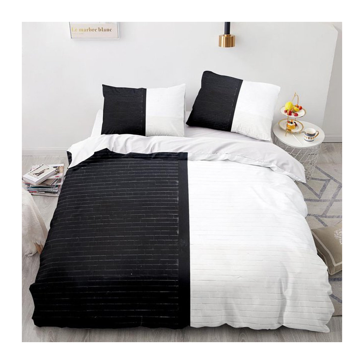 Dreiteiliges Bettwäsche-Set in Schwarz-Weiß mit 3D-Druck für Einzelbetten, B/H: 135 x 200 cm - Bild 1