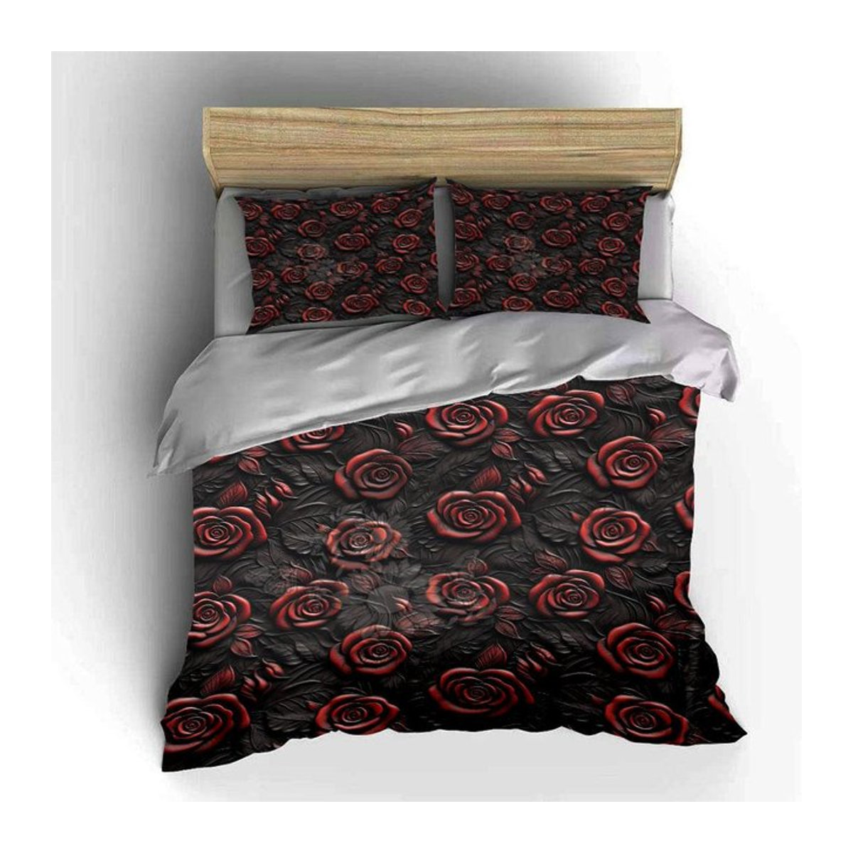 Dreiteiliges Bettwäsche-Set mit rotem Rosenmuster und Reißverschluss, Farbe: Rot/Multicolor, B/H: 135 x 200 cm - Bild 1