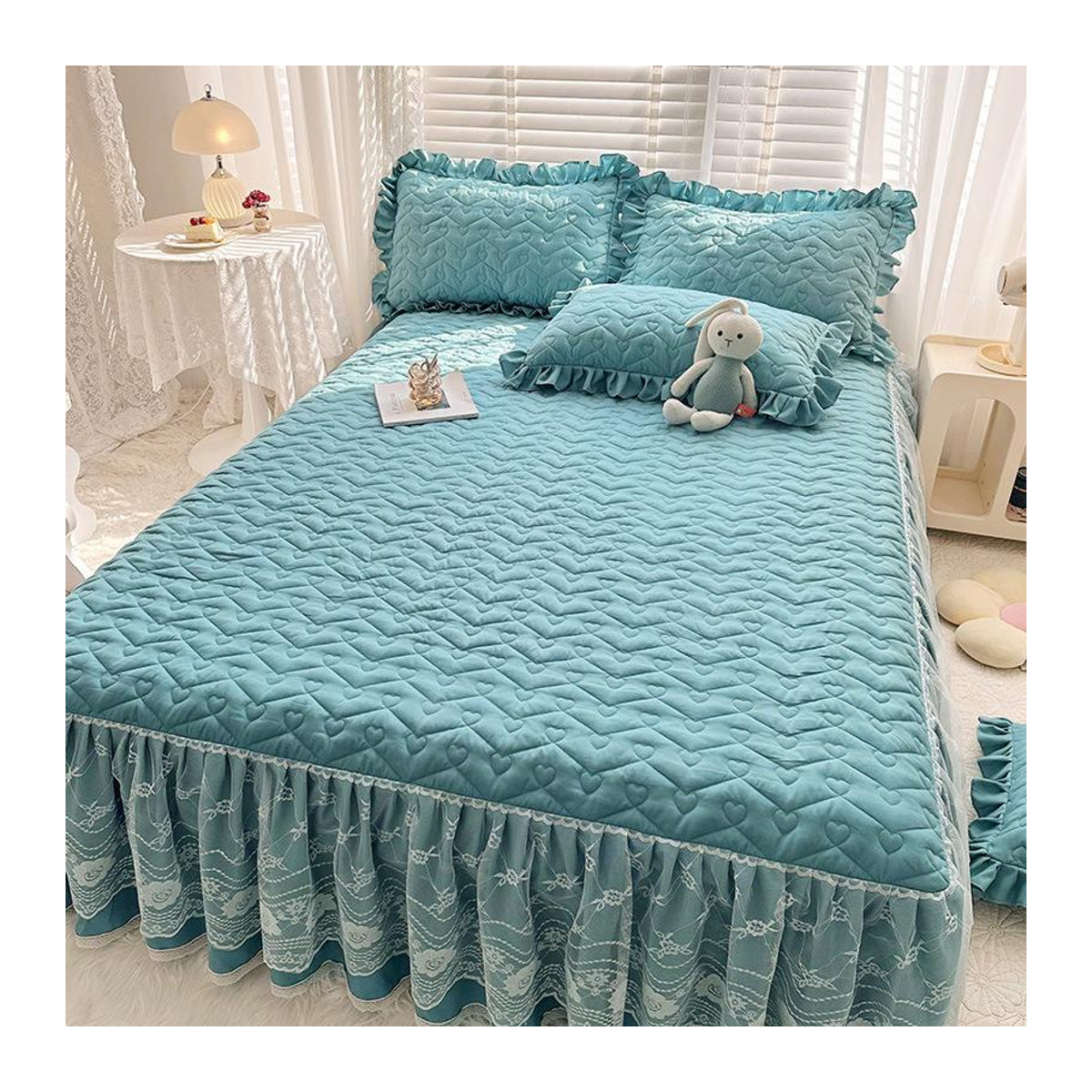Dreiteiliges Bettwäsche-Set von Your Warm Home mit gestepptem Spannbettlaken und Tagesdecke aus Baumwollspitze im Prinzessinnen-Stil, B/T/H: 150 x 200 cm - Bild 2