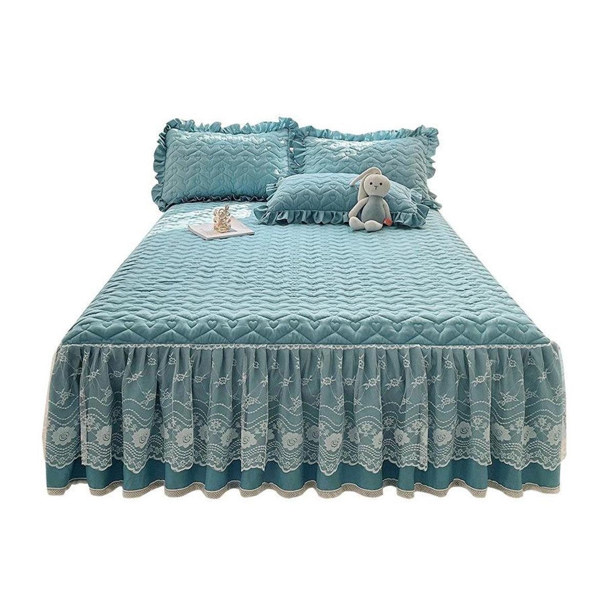 Dreiteiliges Bettwäsche-Set von Your Warm Home mit gestepptem Spannbettlaken und Tagesdecke aus Baumwollspitze im Prinzessinnen-Stil, B/T/H: 150 x 200 cm - Bild 3