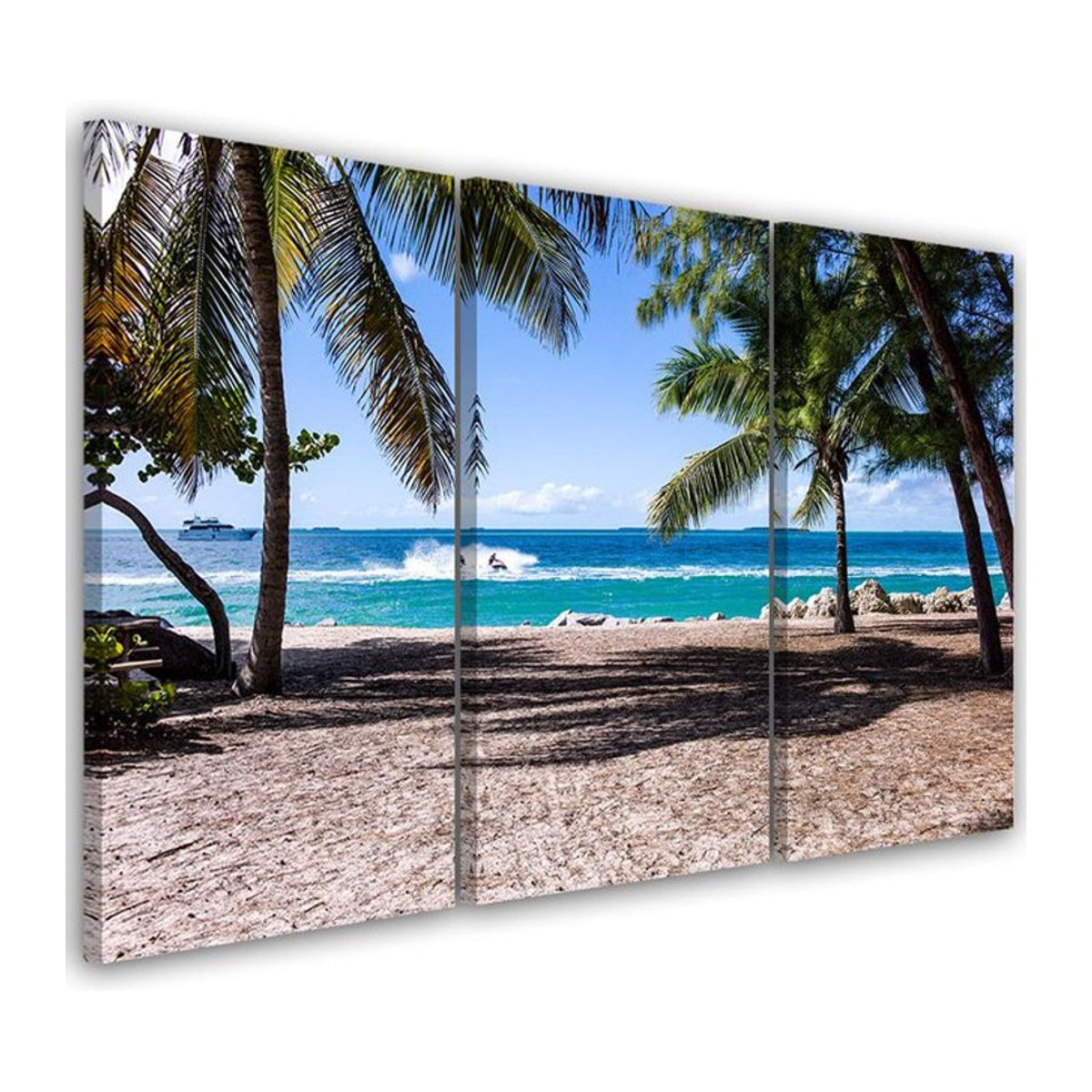 Dreiteiliges Leinwandbild von Feeby mit tropischem Strand Motiv in Blau und Mehrfarbig, B: 60 cm, H: 40 cm - Bild 1