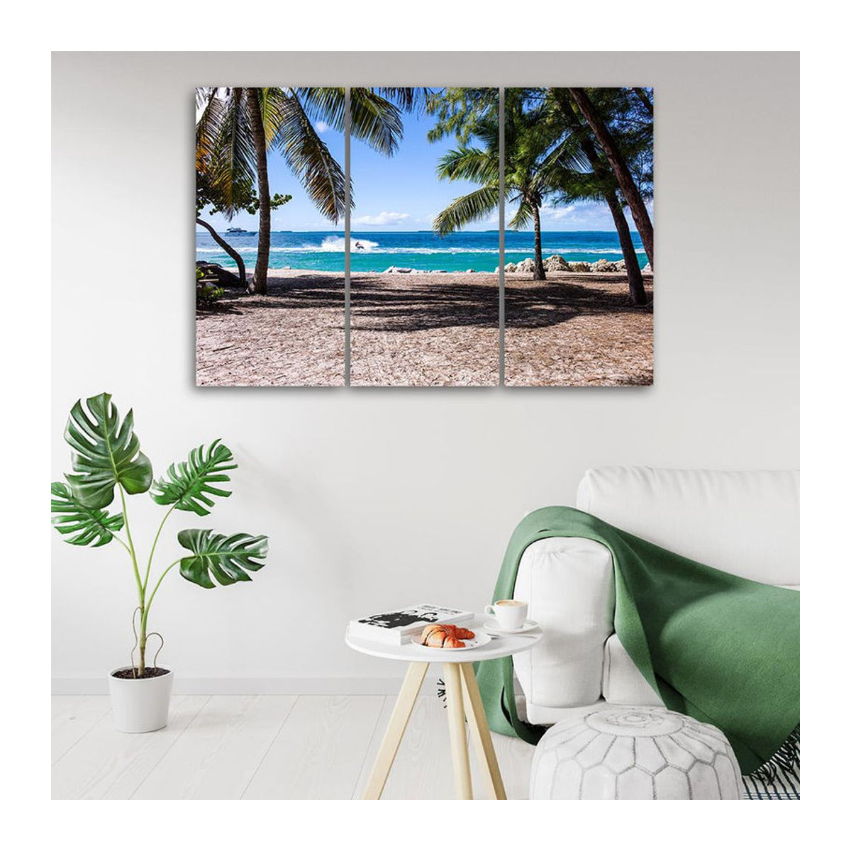 Dreiteiliges Leinwandbild von Feeby mit tropischem Strand Motiv in Blau und Mehrfarbig, B: 60 cm, H: 40 cm - Bild 3