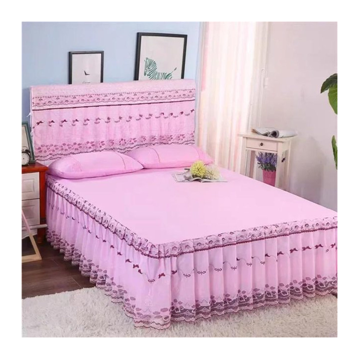 Dreiteiliges Tagesdecken-Set im Prinzessinnenstil mit Spitze und 2 Kissenbezügen, Farben: Lila, Rosa und Pink, B/T/H: 150 x 200 cm - Bild 1
