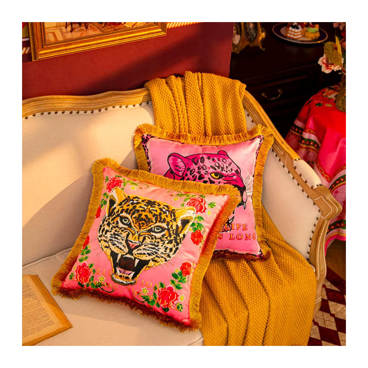 DUNXDECO Dekorative Kissenbezüge aus Samt in Rosa mit Leopard- und Tiger-Print für Sofa und Stuhl - Bild 5
