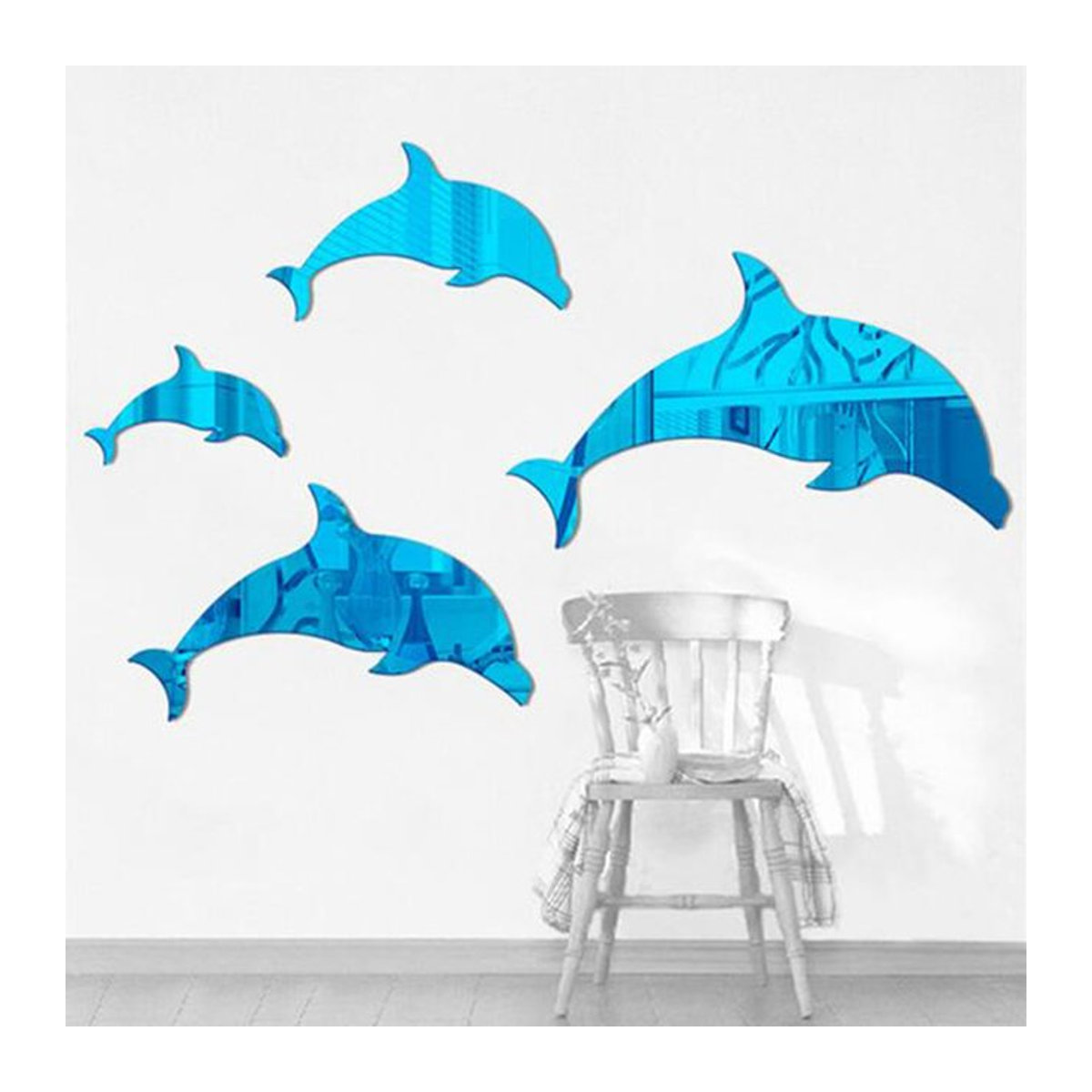 DXLYMYU 4er Set 3D Wanddeko Acryl Spiegel Wandbehänge mit blauem Delphin in Silber für Kinderzimmer und Klassenzimmer - Bild 1