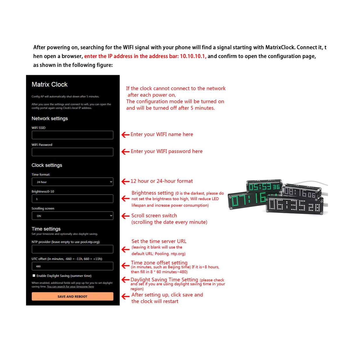 DYKBmetered ESP8266 WIFI-Uhr mit LED-Digitalanzeige und Sekundenpunktmatrix, kabelloses Netzwerk, einstellbare Helligkeit und 12/24-Stunden-Anzeige - Bild 2