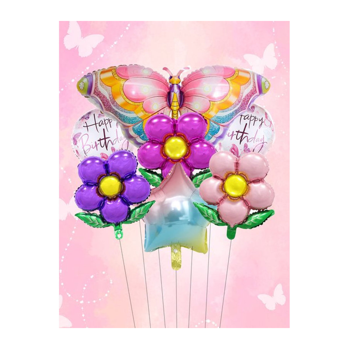 EACH PARTY 7er Set Bunte Schmetterlings Luftballons mit Blumen und Blättern zur Partydekoration für Kindergeburtstage in Mehrfarbig - Bild 1