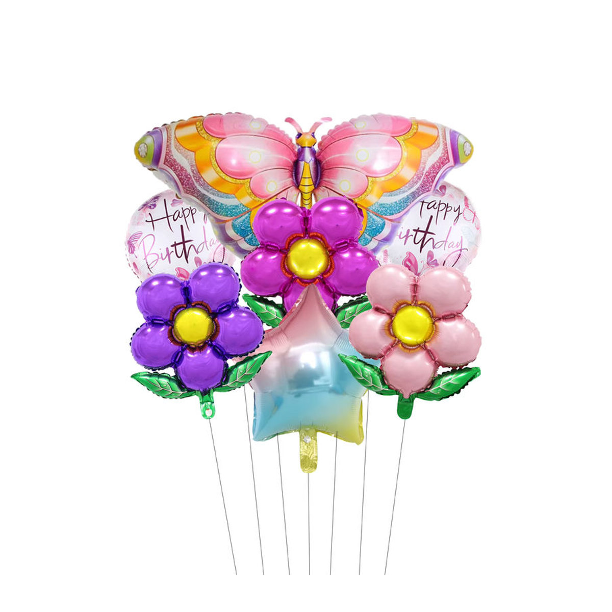 EACH PARTY 7er Set Bunte Schmetterlings Luftballons mit Blumen und Blättern zur Partydekoration für Kindergeburtstage in Mehrfarbig - Bild 2
