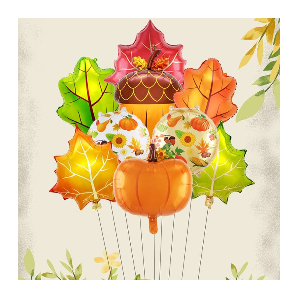 EACH PARTY Folienballons Set mit Herbstmotiven Ahornblatt Kürbis und Tannenzapfen in Multicolor für Erntefest und Thanksgiving Dekoration, 6 Stück - Bild 1