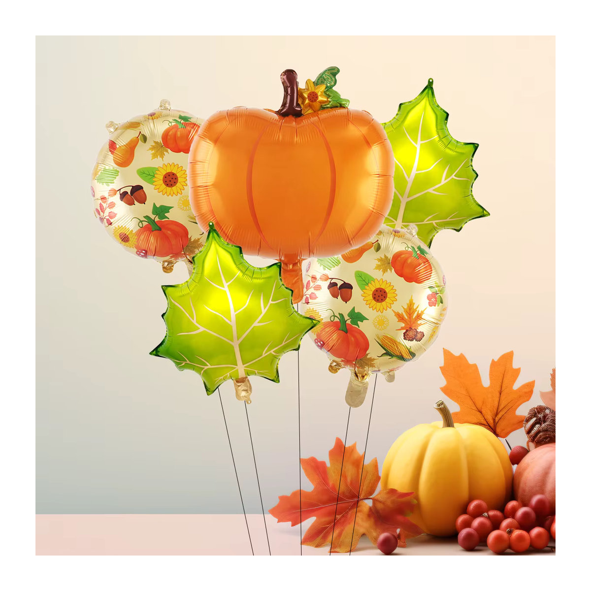 EACH PARTY Luftballons Set mit Herbstmotiven wie Ahornblättern, Tannenzapfen und Kürbissen für Erntefest und Thanksgiving Dekorationen, 5 Stück - Bild 2