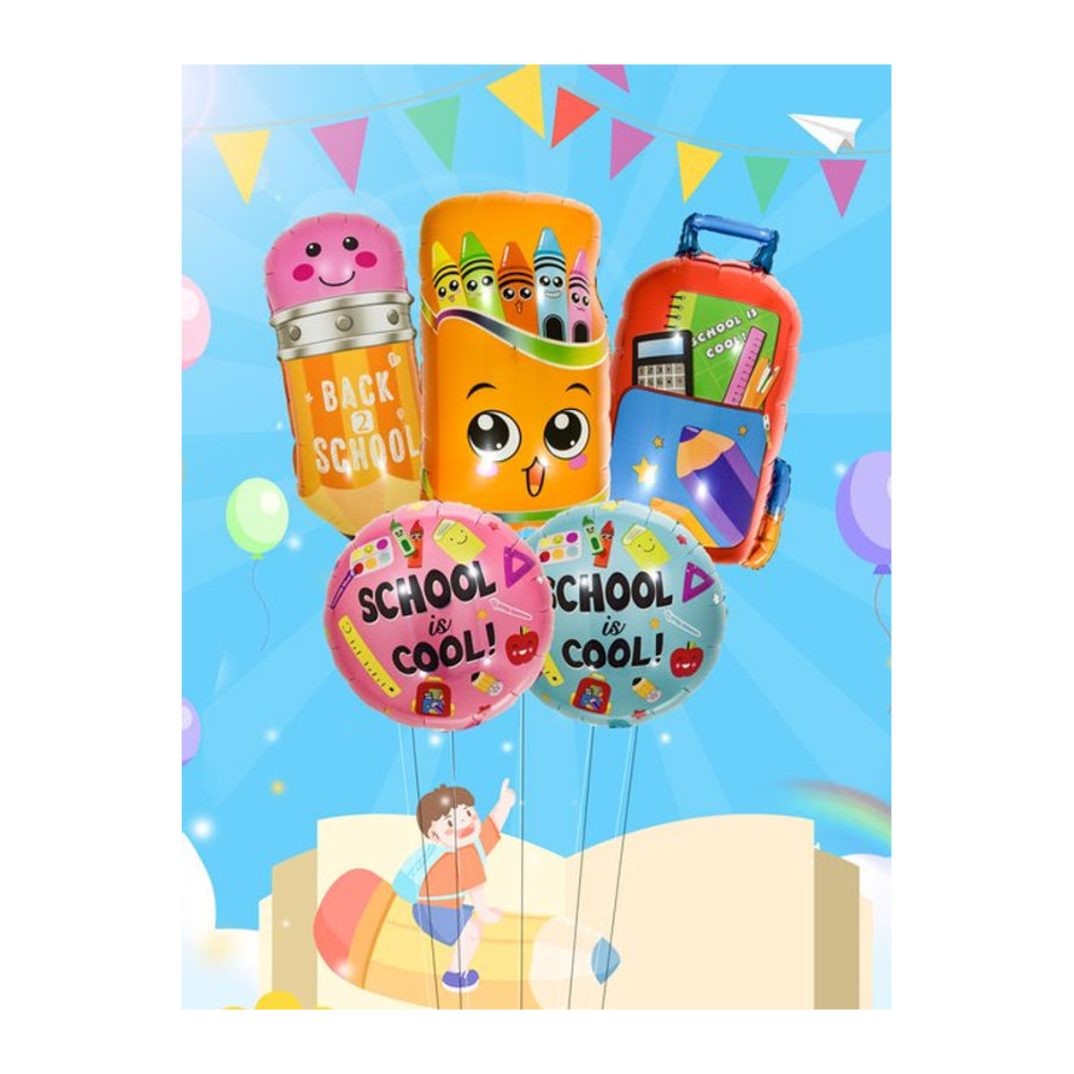 EACH PARTY Zurück Zurück Schule Folienballons Set mit Bleistift-Motiv, 5er Pack, mehrfarbig, Kunststoff-Dekoration für Kinder und Klassenzimmer - Bild 1