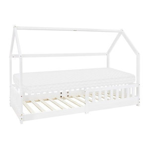 ECD Germany Kinderbett Hausbett in skandinavischem Design aus Kiefernholz mit Matratze und Lattenrost, Weiß, B: 90 cm, L: 200 cm