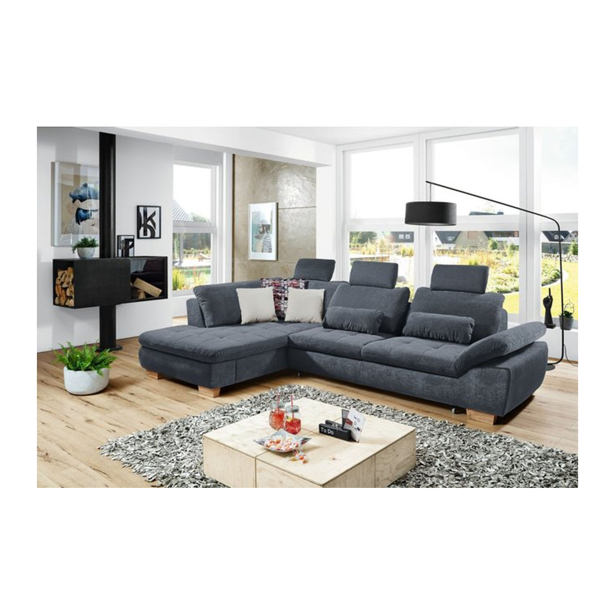 Ecksofa SYSTEMPOLSTER MARGO in Grau und Anthrazit mit Buchegestell und Stoffbezug aus Polyester, linksseitig - Bild 1