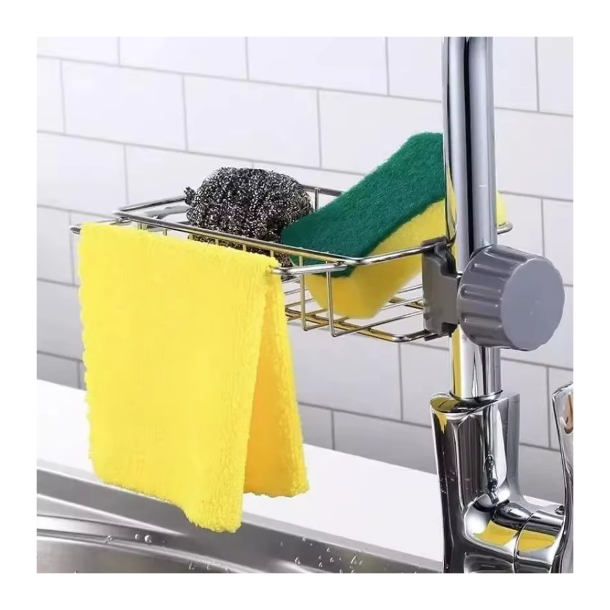 Edelstahl Küchenspülen Organizer als abnehmbares Hängeregal mit Wasserhahnhalter und Platz für Schwamm sowie Geschirrtuch - Bild 3