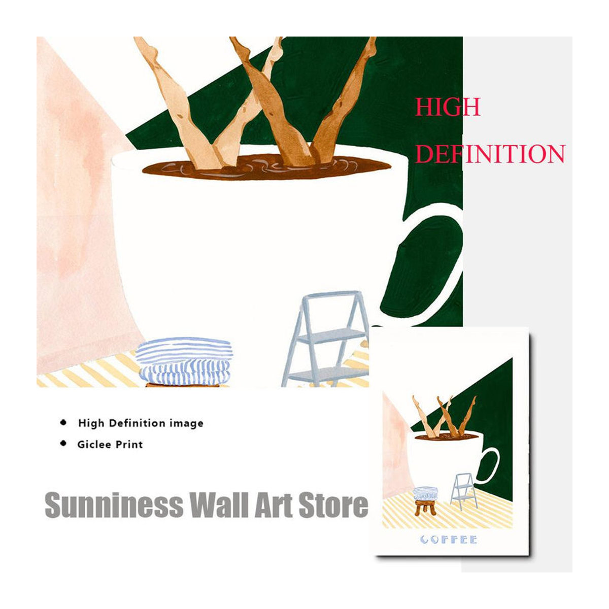 Edelweiss Art Poster Studio Leinwandgemälde Good Morning Coffee Swimmer Deep Dive, modernes skandinavisches Wandbild für die Küche, mehrfarbig, Breite: 70 cm, Höhe: 100 cm - Bild 3