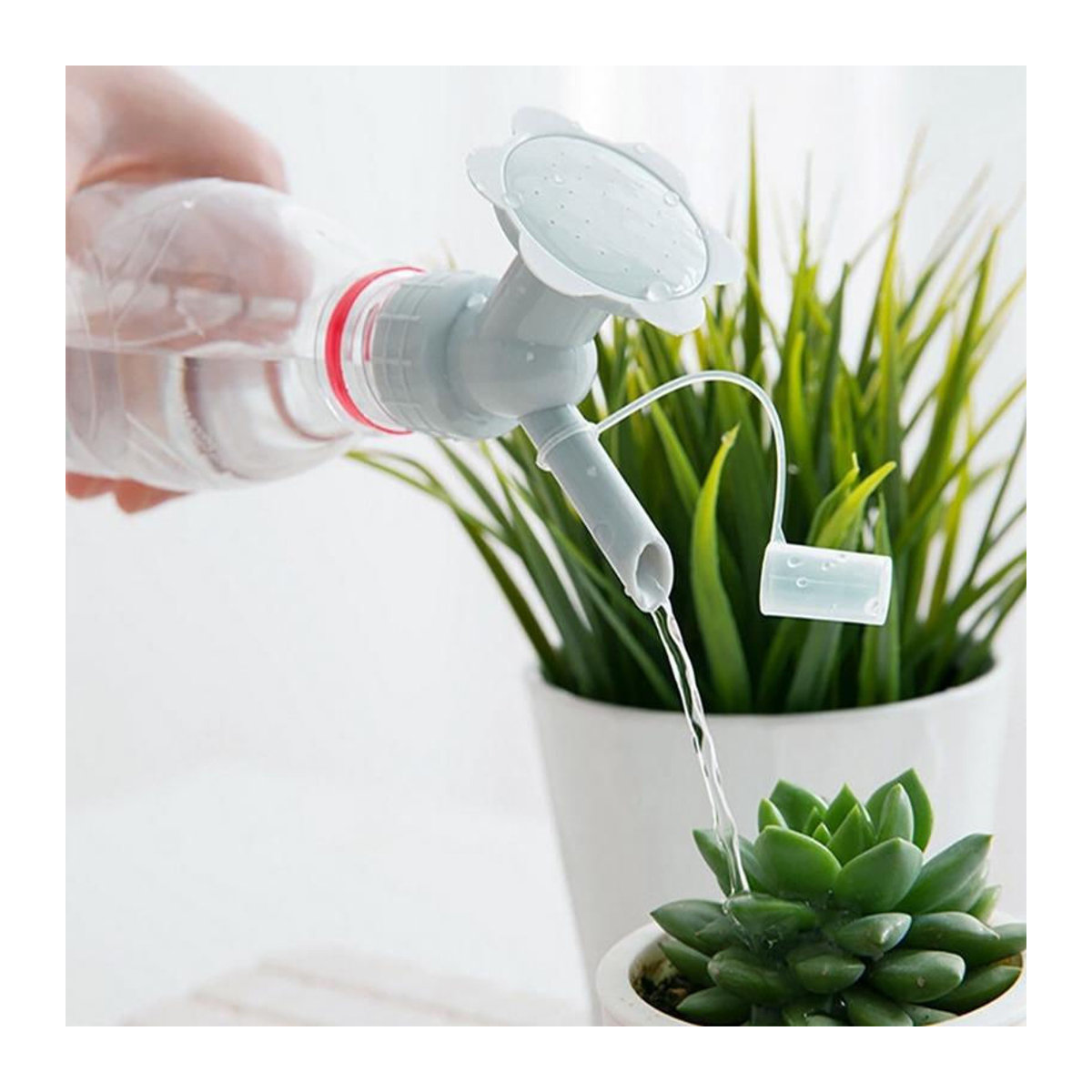 Effervescent Flaschenverschluss-Sprinkler für Gartenblumen und Bonsai, Gießkanne mit Doppelkopf für Setzlinge im Innenbereich, Grau und Weiß, Kunststoff - Bild 3