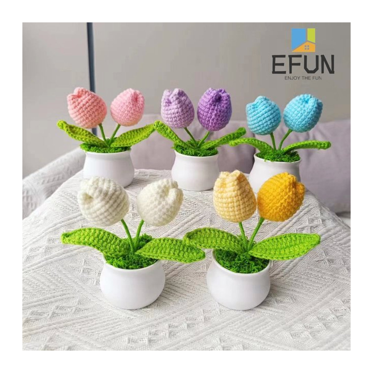 EFUN Handgemachte gehäkelte Tulpe im Topf, künstliche Textilblume in Pink, bunte florale Dekoration - Bild 1