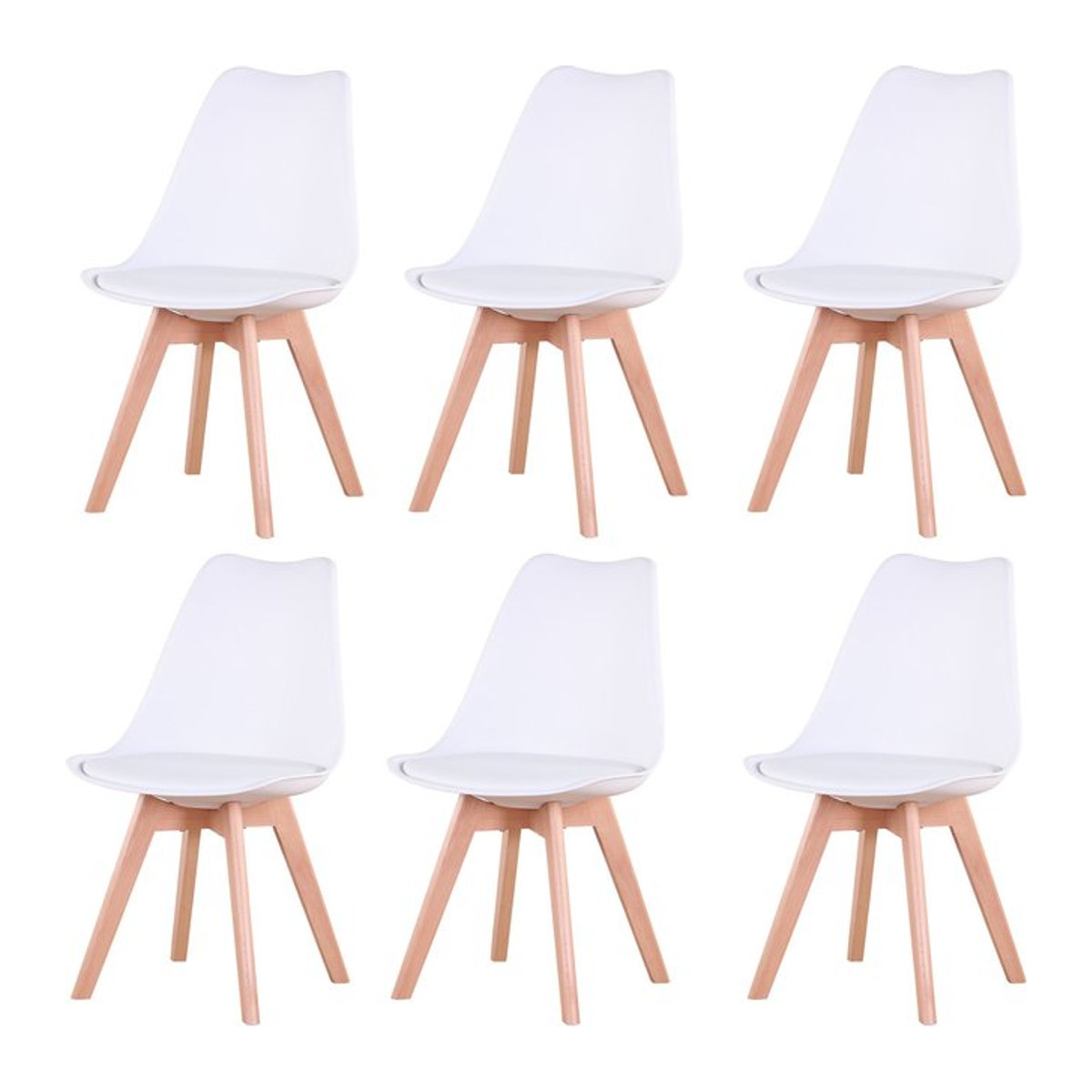 EGOONM Set mit 6 skandinavischen Esszimmerstühlen aus Buchenholz mit PU-gepolsterten Sitzflächen in Beige und Weiß - Bild 1