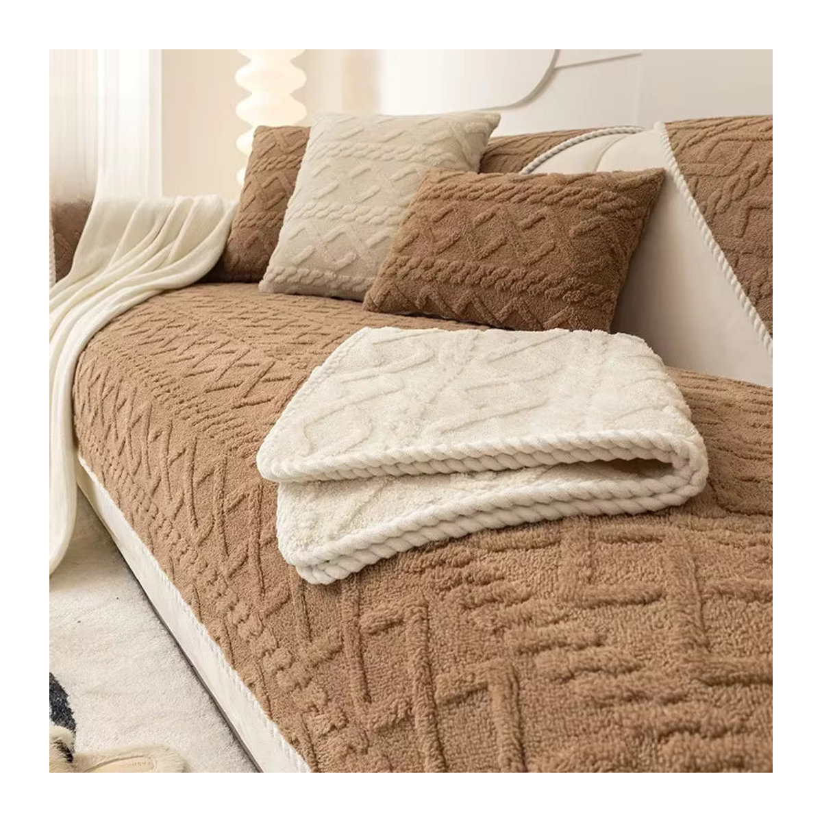 Einfarbiger Fleece-Sofabezug aus Plüsch und Jacquard für die Winterheimdekoration - Bild 2