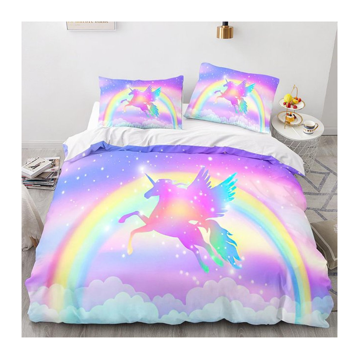 Einhorn-Bettbezug-Set mit Cartoon-Galaxie und Regenbogen in Bunt, 3-teiliges Polyester-Bettwäsche-Set für Kinder und Mädchen, B/H: 155 x 215 cm - Bild 1