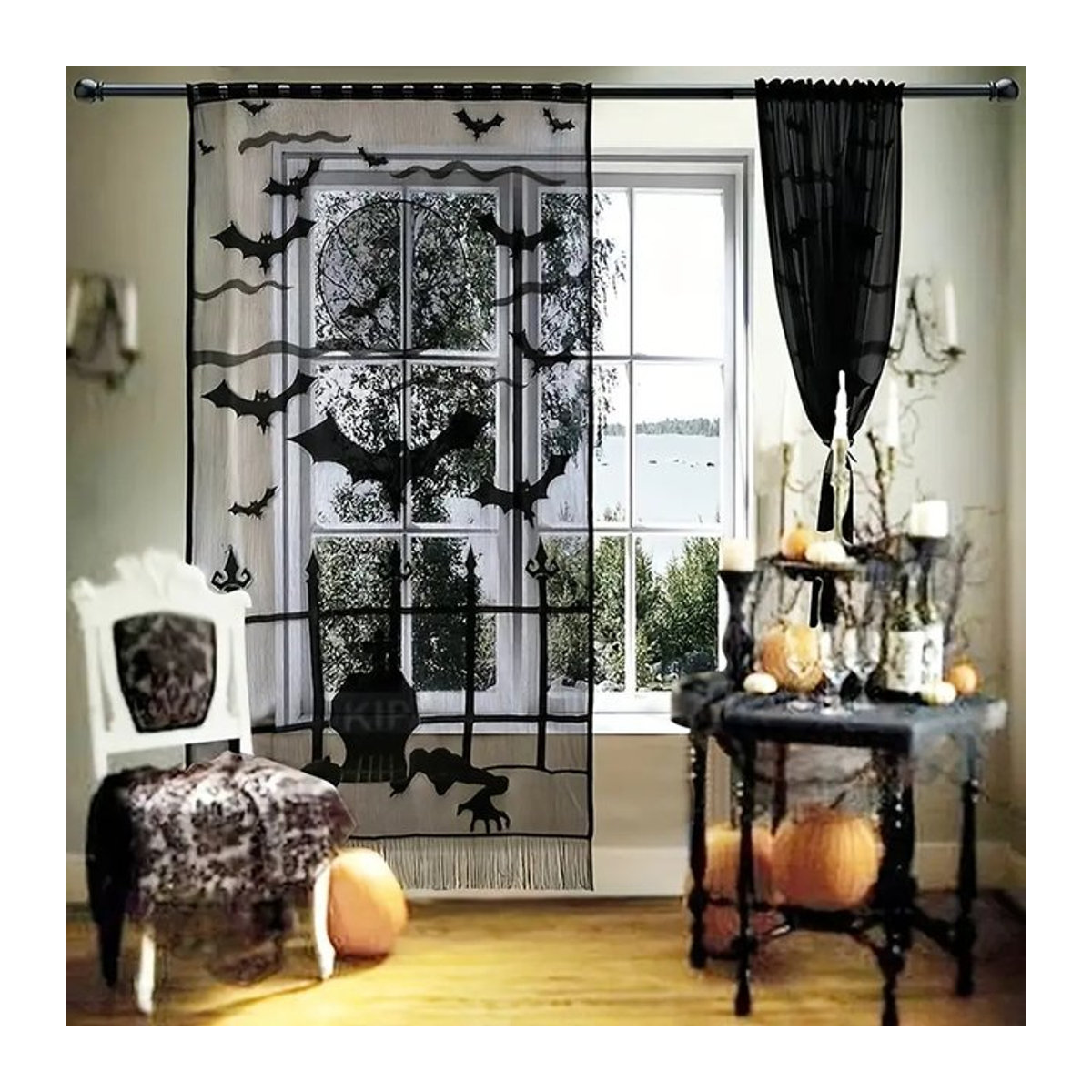 Einteiliges Halloween-Spitzenvorhang-Set in Schwarz mit Spinnen, Hexen, Fledermäusen und Skeletten als gruselige Partydekoration - Bild 1