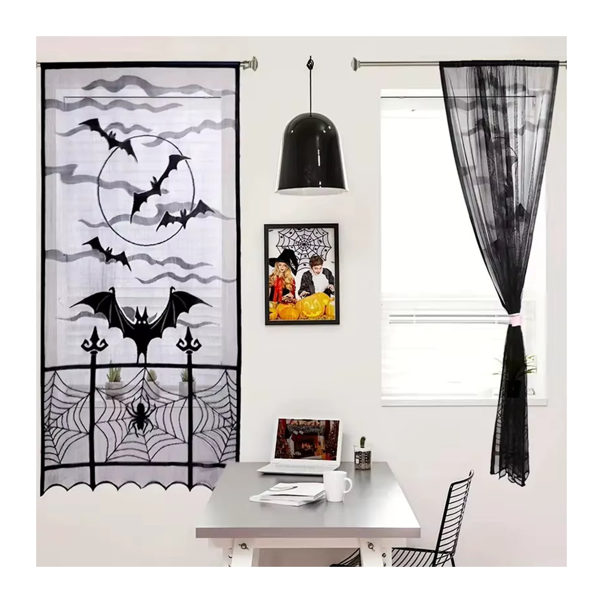 Einteiliges Halloween-Spitzenvorhang-Set in Schwarz mit Spinnen, Hexen, Fledermäusen und Skeletten als gruselige Partydekoration - Bild 2