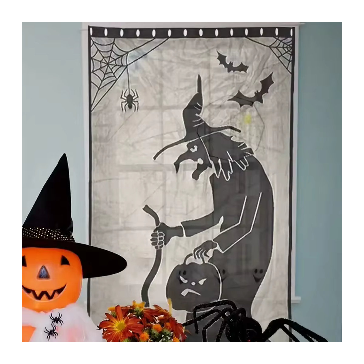 Einteiliges Halloween-Spitzenvorhang-Set in Schwarz mit Spinnen, Hexen, Fledermäusen und Skeletten als gruselige Partydekoration - Bild 3