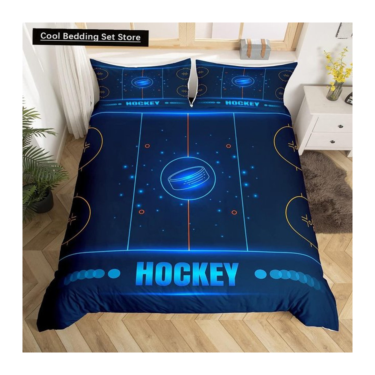 Eishockey Bettwäsche-Set mit Puck- und Hockey-Spieler-Motiv, Schwarz, Polyester, B/H: 135 x 200 cm - Bild 1