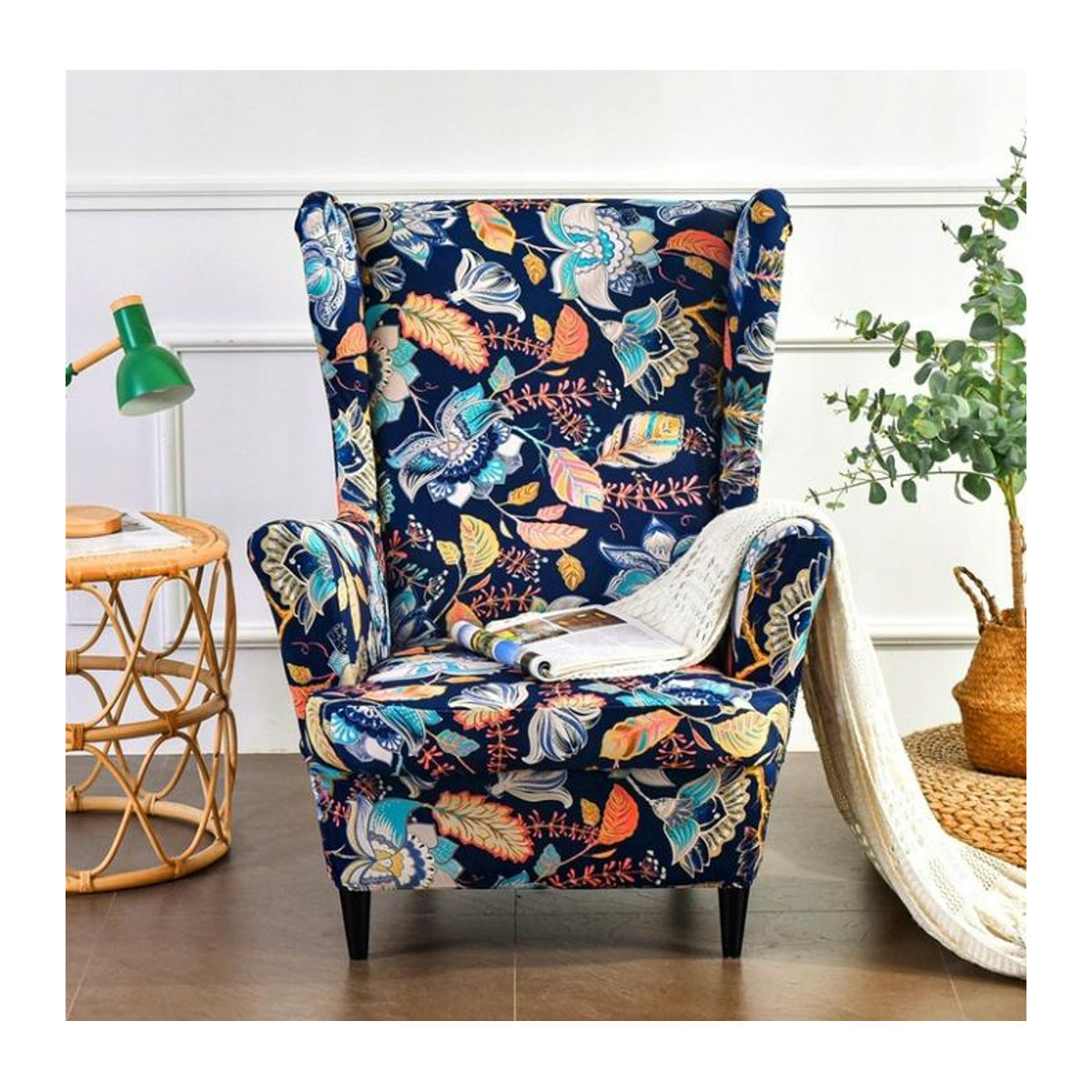 Elastische Sesselhusse für Ohrensessel von Ubieramy-Meble mit buntem Blumen- und Blättermuster in Multicolor zum Schützen und Dekorieren - Bild 4