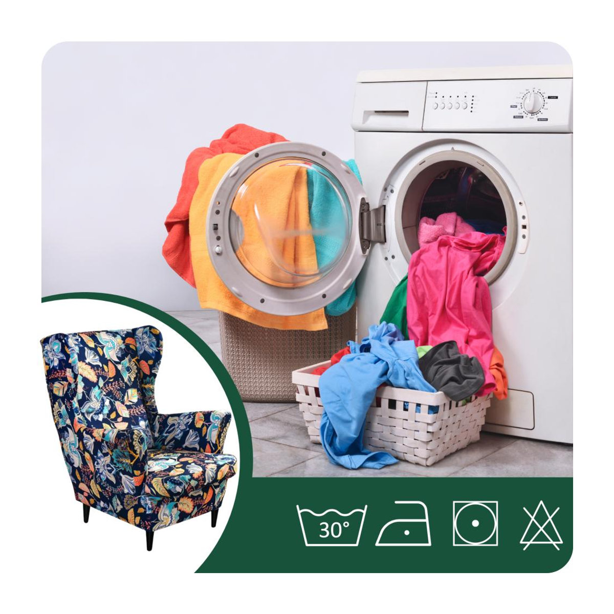 Elastische Sesselhusse für Ohrensessel von Ubieramy-Meble mit buntem Blumen- und Blättermuster in Multicolor zum Schützen und Dekorieren - Bild 5