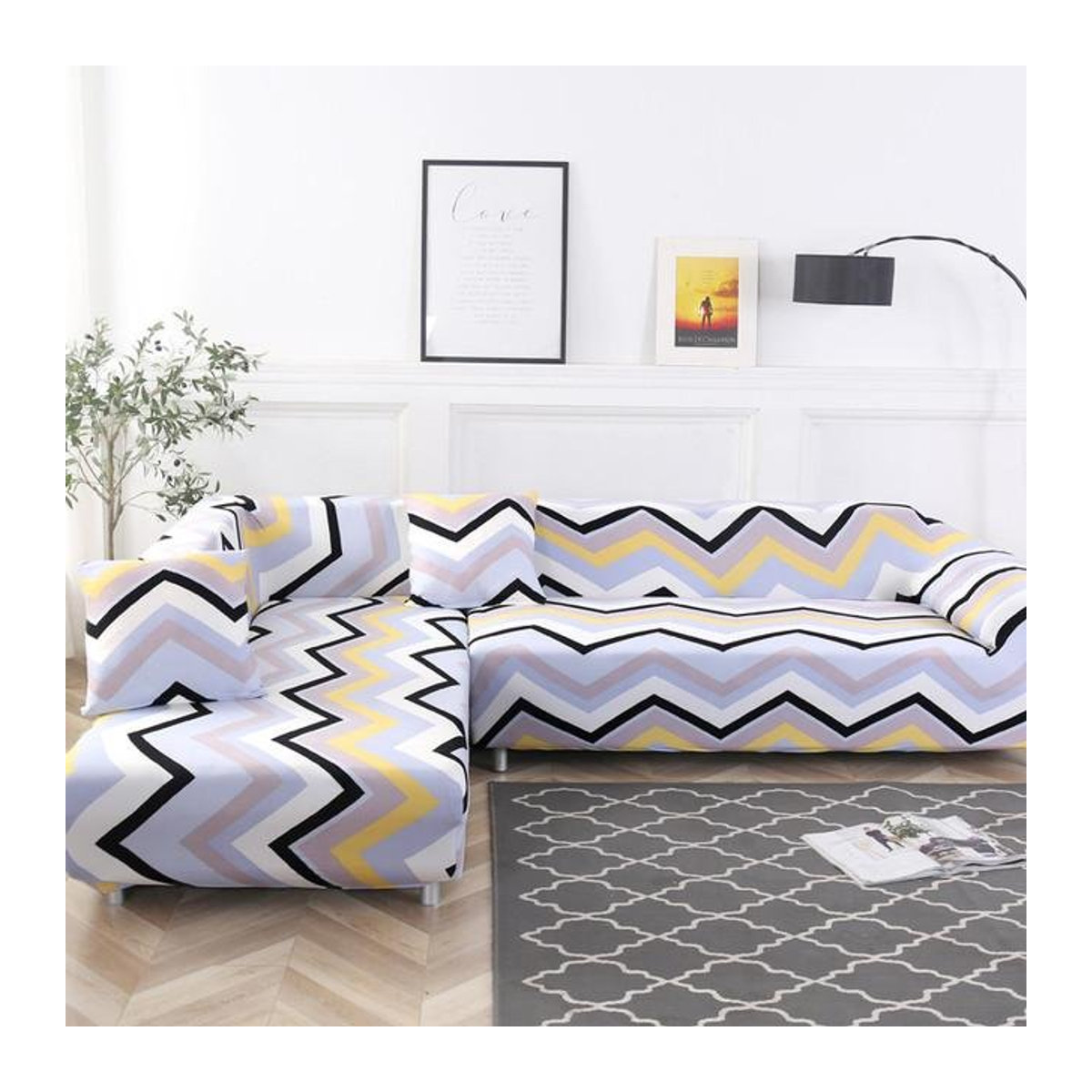 Elastischer L-Form Sofabezug mit geometrischem Muster aus dehnbarem Spandex für dein Ecksofa, 2er-Set, Breite: 90-140 cm - Bild 1