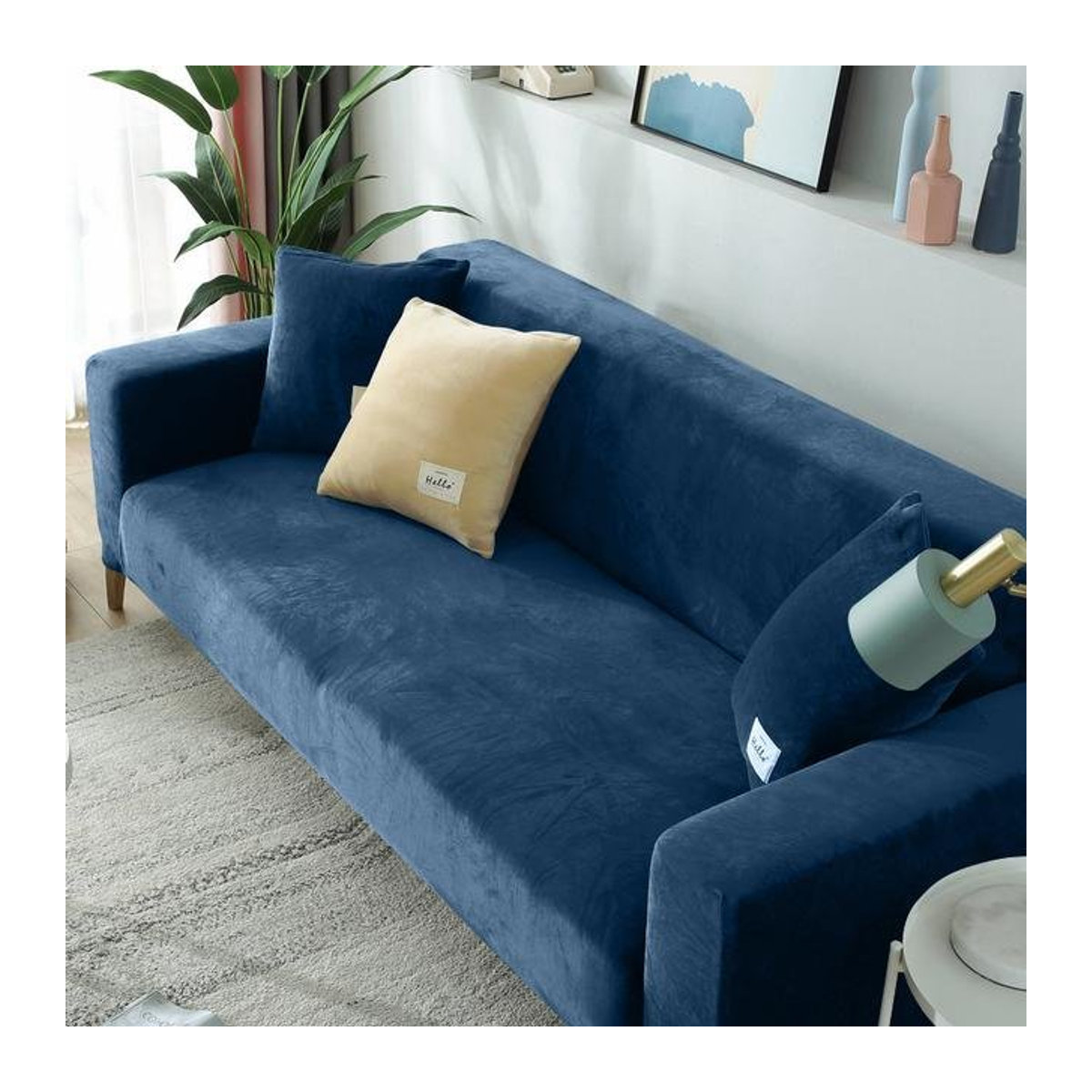 Elastischer Samtstoff-Sofabezug für 2-Sitzer und L-förmige Sofas von A Family Of Home Textiles in Blau - Bild 1