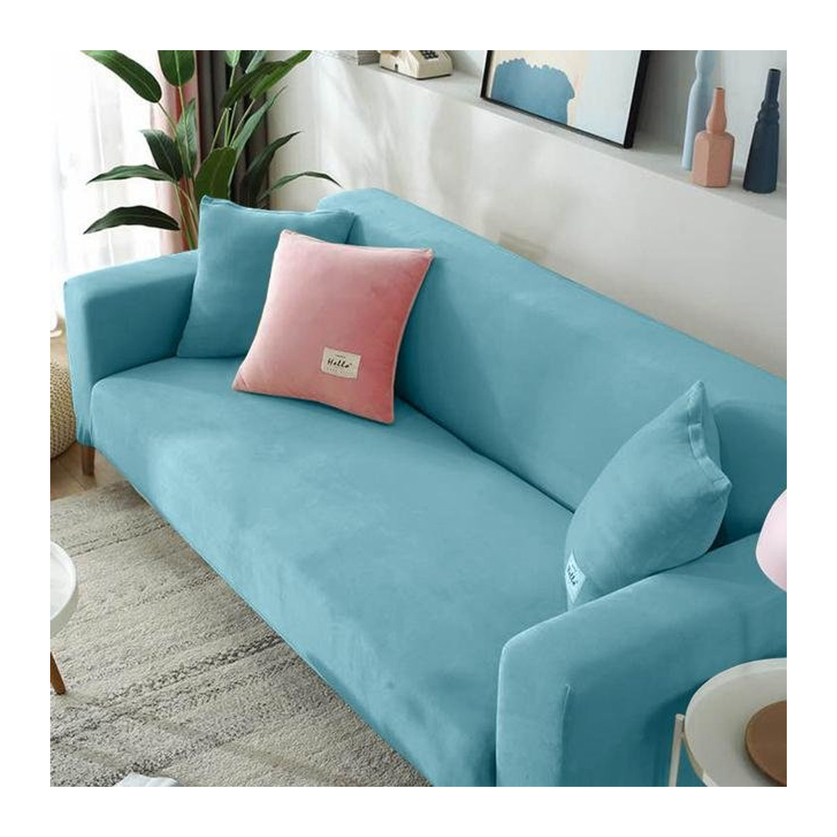 Elastischer Samtstoff-Sofabezug für L-förmige Sofas und Sessel von A Family Of Home Textiles in Blau, 3-Sitzer - Bild 1
