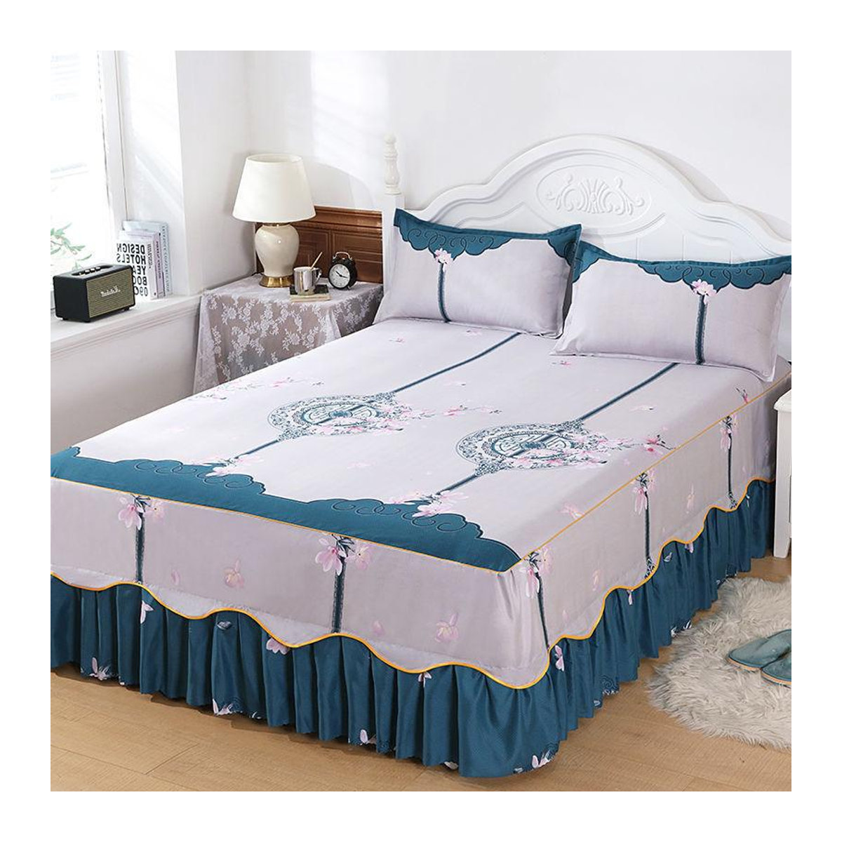 Elegante Bettwäsche im Prinzessinnen-Stil aus Leinen und Polyester-Baumwolle mit bestickten Laken und Bettrock, 3-teiliges Set, Breite: 120 cm, Länge: 200 cm - Bild 1