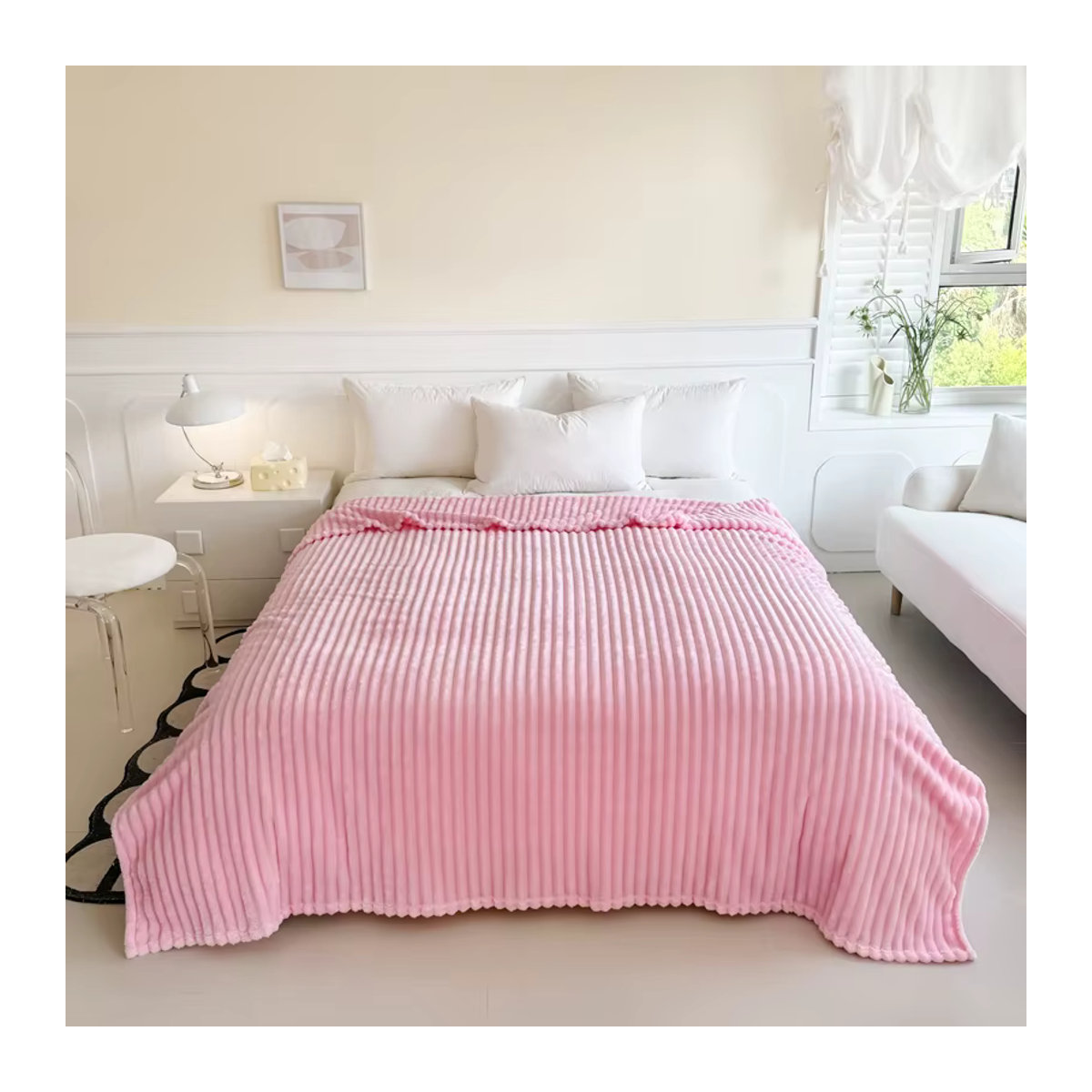 Elegante karierte Strickdecke in Rosa mit hypoallergenem Kunstkaninchenfell - Bild 1