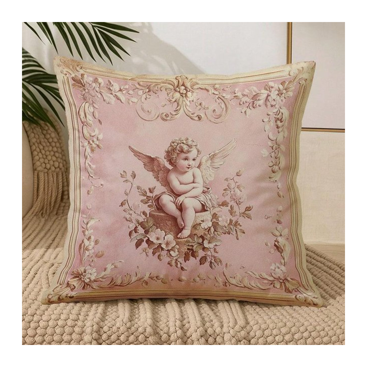 Elegante Kissenhülle im französischen Stil mit Putto-Engelsflügel-Blumendruck in Rosa, B/H: 18 x 18 cm - Bild 1