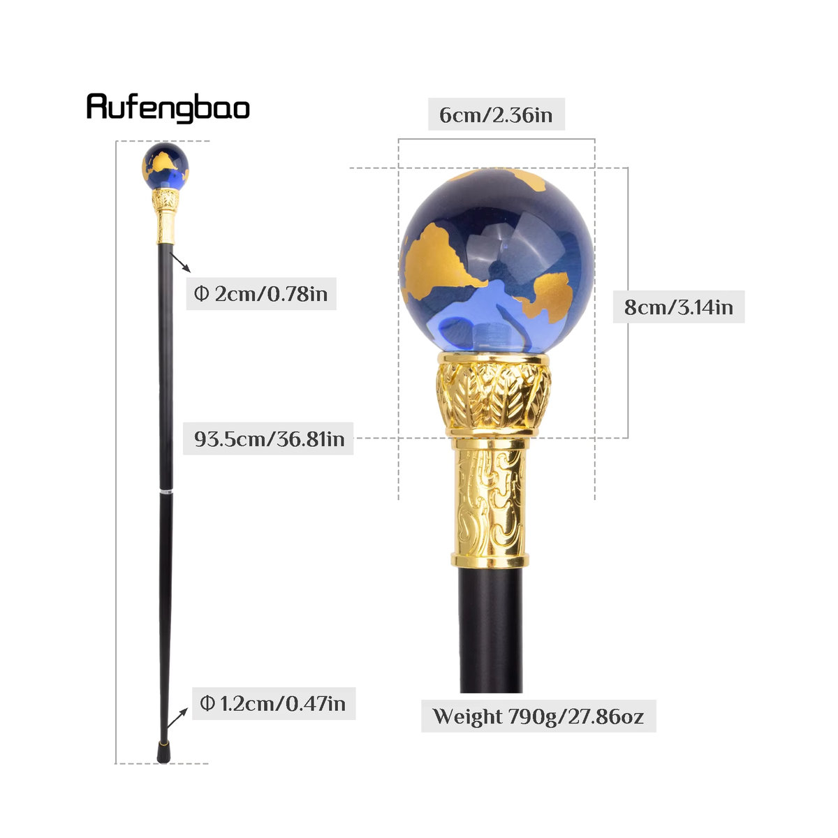 Eleganter dekorativer Gehstock von Rufengbao in Blau und Gold mit rundem Kopf, Höhe: 88 cm - Bild 2