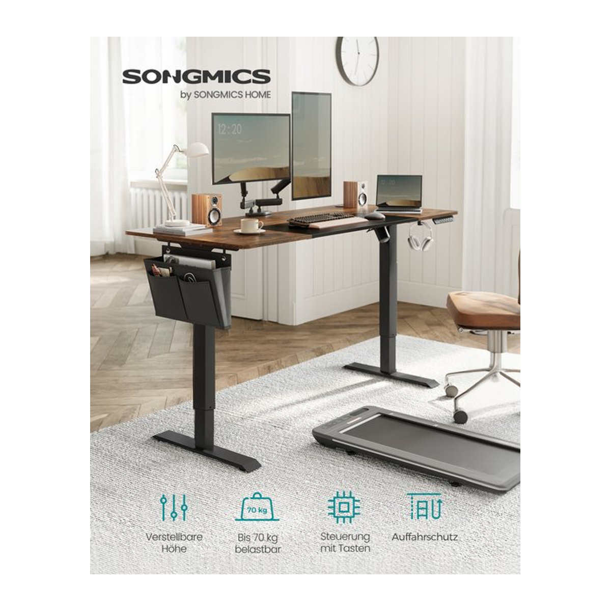 Elektrisch höhenverstellbarer Schreibtisch von SONGMICS in modernem Design mit geteilter Platte, Farbe Grau oder Braun, B/T/H: 160 x 70 x 72-120 cm - Bild 1